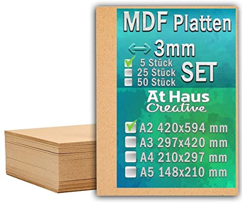 AtHaus Set di 5 pannelli in legno MDF A2-594 x 420 mm, 3 mm, sottili pannelli in legno da 3 mm, per fai da te, dipingere, modellazione, incisione, perfetti per laser, router CNC