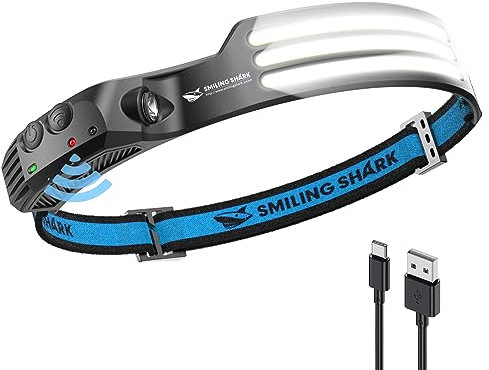 Smiling Shark LED Headlamp, 230°Wide Angle 3*White Light Strips The Brightest Head Lamp Rechargeable with Motion Sensor Waterproof Headlight for Camping Hiking Outdoor, Head-Lamp-LED-Frontale-Light