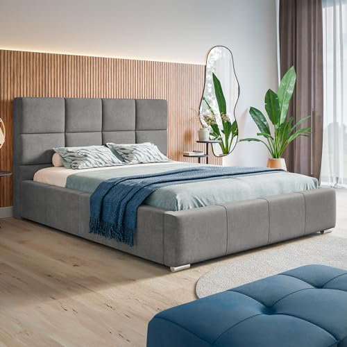 MOTIVENA Luna Bett 120x200 Grau Samt, mit Stauraum, mit Kopfteil, mit Lattenrost, mit Füßen, ohne Matratze, Polsterbett 120x200 mit Bettkasten Grau (Hellgrau)