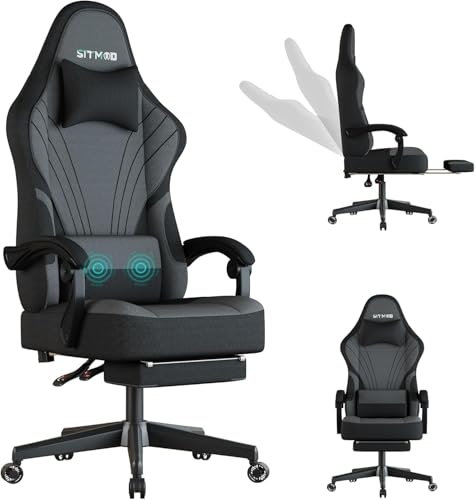SITMOD Gaming Stuhl, Ergonomischer Computer Stuhl mit Fußstütze, Höhenverstellbarer, 360° Drehbarer mit Kopfstütze und Lendenwirbelstütze Büro und Home Maximales Gewicht 180kg-Grau
