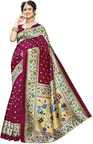 IMTRA FASHION Sari de seda con estampado de sari indio para mujer con pieza de blusa, rojo (Maroon), L