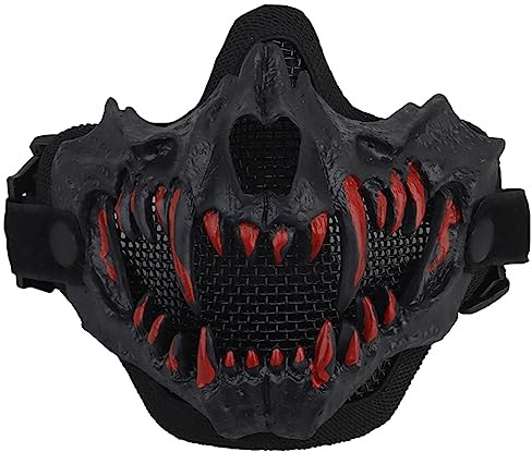 LYEAA Multipurpose Paintball Mask Adjustable Strap Breathable Fangs Cosplay Airsoft Mask Halloween Horror Party Decor (Black Black)