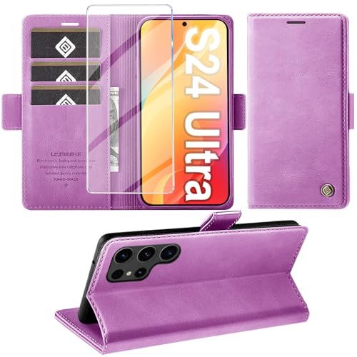Giyer Handyhülle für Samsung Galaxy S24 Ultra Hülle mit Schutzfolie, Schutzhülle Galaxy S24 Ultra 5G PU Leder Wallet Flip Case Standfunktion Kartenfach Klapphülle für Samsung S24 Ultra Cover (Lila)