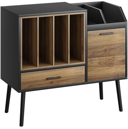 Semiocthome Soporte para tocadiscos con caja de almacenamiento de vinilo anidada, soporte para impresora con cajón, armario, área de almacenamiento de CD, mesa auxiliar vintage con patas de madera