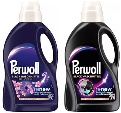 PERWOLL Flüssig-Set 2x 27 Waschladungen (54WL) 1x Black & 1x Black Blütenmeer, Feinwaschmittel-Set reinigt sanft und erneuert dunkle Farben und Fasern, mit Dreifach-Renew-Technologie