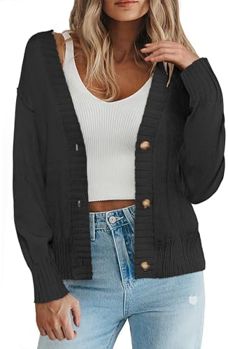 Zeagoo: Cárdigans para mujer, suéteres cortos de frente abierta con botones, de manga larga y sueltos, de punto, clásicos, talla S-XXL, Negro, S