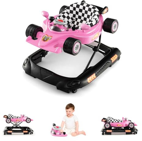 LIFEZEAL 4 in 1 Girello Neonato, Girello per Bambini Pieghevole, con 3 Altezze Regolabili, Giocattolo Rimovibile, Sedile Confortevole e Ruote, Portata 12 kg,Primi Passi per 6-14 Mesi (rosa)