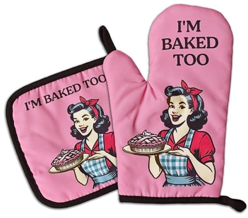 GOSJINNK Retro Housewife Oven Mitts and Pot Holders(Set of 2) I'm Baked Too Heat Resistant Baking Mitts Silicone Non-Slip Oven Mitts Kitchen Chef Gift Funny Birthday Gift for Women Hostess Mom Friend