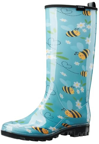 HISEA Tall Rain Boots for Women, Slim Calf Waterproof Garden Boots, Fashion Print Rubber PVC Boot Knee High Rain Shoes for Outdoor Gardening Farm Yard Mud Work