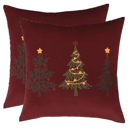 Tosleo Juego de 2 fundas de almohada de Navidad de 18 x 18 pulgadas, funda de almohada de terciopelo rojo con diseño de árbol de Navidad, decoración de fiesta de Navidad, funda de cojín bordada, funda