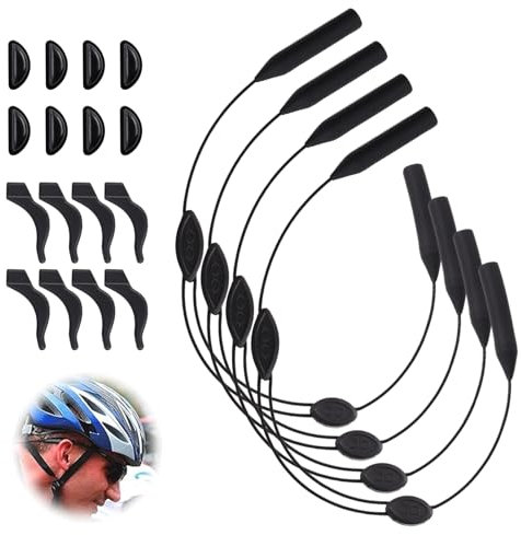 NICKLIN 4 Pcs Adjustable Glasses Straps with 4 Pairs Nose Pads,4 Pairs Ear Grip Hooks Glasses Holders,Sunglasses Lanyard Cord Non-Slip Sports Glasses Silicone Spectacles Strap for Men Women-Black