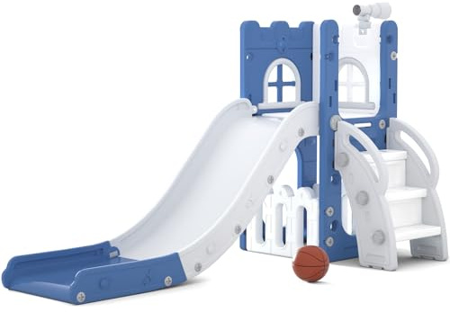 LulliSpace 6 in 1 Toddler Slide for Toddler&Kids,Kids Climber Slider for Indoor Outdoor Playground with Storage,Telescope,Basketball Hoop and L Shaped Slide for Toddler Climber Playset,Blue