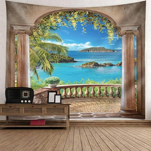 Natur Tapisserie Wandbehang | Polyester Balkon Meerblick Wandteppich Wandkunst für Schlafzimmer Wohnzimmer Dorm Decor Wandteppich | Khaki Blau Grün, 150x130cm