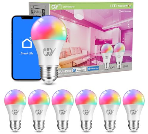 GY Mesh LED Glühbirne A60 E27 6,5W 1050LM, Dimmbar Bluetooth RGB Warmweiß-Kaltweiß Lampe mit 16 Millionen Farben, Smart Home Leuchtmittel, Musiksynchroner Farbwechsel, 6er Pack