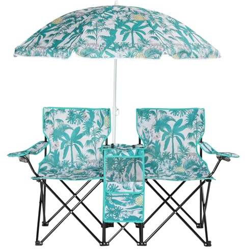 Outvita Folding Double Camping Chair w/Umbrella Beverage Holder Carrying Bag Cooler Fold Up Table, Large Bearing Capacity for Beach Patio Pool Park Outdoor Coconut Tree Pattern