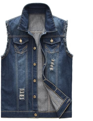 KUDORO Gilet homme Denim Déchiré Veste Gilet sans Manches en Jeans Vintage Gilet Denim Veste à la Mode Motard(Bleu Foncé,M)