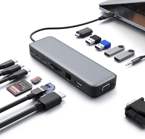 Station d'accueil USB C double moniteur, adaptateur multiport 14 en 1 avec HDMI 4K, VGA, 8 ports USB C/A, charge rapide PD 100 W, audio et micro, compatible SD et TF avec iPhone 16/Mac/Dell/Steam Deck