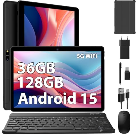DEEMWOLF Android 15 tablet 10 Inch 36GB RAM+128GB ROM (TF 1TB),Android Tablets 5G WiFi,BT5.0,8000mAh,with Keyboard+Mouse(Black)
