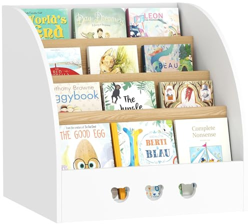 AIYAPLAY Estantería Infantil para Juguetes con Compartimento Oculto Organizador de Juguetes de 4 Niveles con Ruedas para Habitación Infantil Sala de Juegos Guardería Blanco y Natural