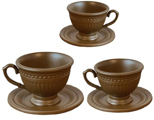 INSEOWI 3Pieces Metallic TeaCup And Saucer Set French Styles Coffee Cup Plate For Realistic Doll House Scene Display Accessories Doll House Accessories