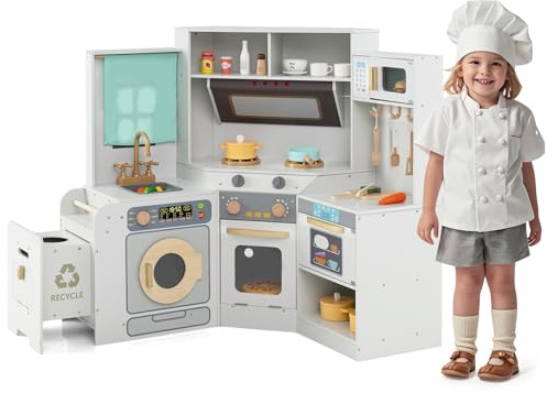 HOMASIS Cuisine Jouet d'angle avec Sons et Lumières, Cucina en Bois avec Poubelle Amovible, Machine à Laver, Micro-Ondes, Four et Rideau, pour Enfants de 3+ Ans (Gris)