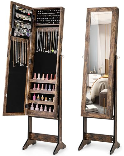 COSTWAY Armoire à Bijoux sur Pied avec Miroir Psyché Coffre à Bijoux, Armoire de Rangement Cosmétiques, 3 Positions Réglables, Installation Facile, Style Nordique (Rose) (Industriel)