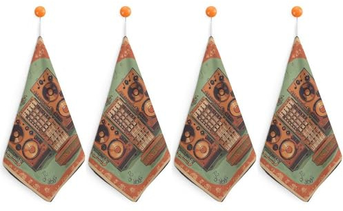 Jazz Music Equipment with Vintage Background Hand Towels for Bathroom, Quick-Drying Square Hanging Hand Towels with Lanyard 4PCS, Soft Hand Dry Towels for Kitchen, Hotel, Travel, Hostel, Camping
