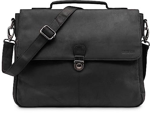 LEABAGS Leder Umhängetasche Herren Aktentasche Vintage Laptoptasche Messenger Bag für 15 Zoll Laptop, Schultertasche mit Schultergurt, Notebooktasche Leder，Arbeitstasche（Nature Schwarz）