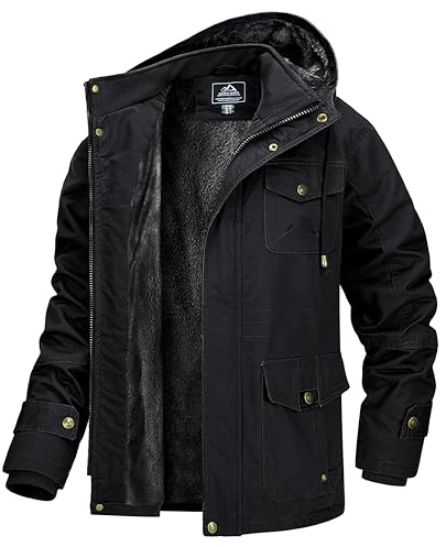 MAGCOMSEN - Giacca da uomo invernale in pile, bomber, cargo, stile militare casual, giacca a vento con cappuccio, Nero , XL