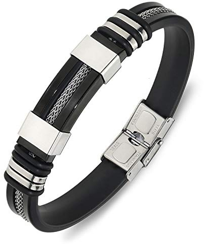 Suyi Bracelet Ajustable Pour Homme Bracelet D'enveloppe De Silicone Bracelet Manchette En Acier Inoxydable Black
