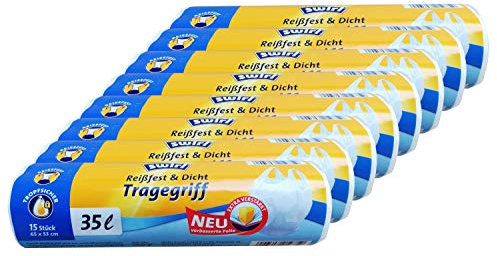 8x Swirl Tragegriff Müllbeutel 35L (15 Stk./Rolle) - Reißfest und Dicht - 65x53 cm - 35 Liter