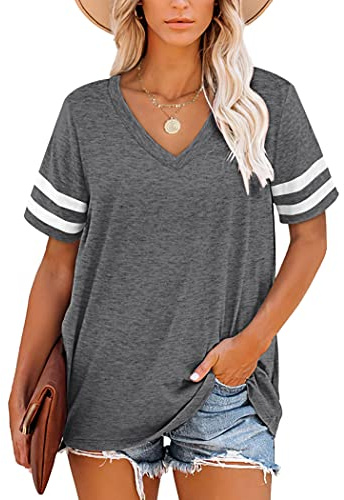 MOLERANI t-Shirts pour Femmes à Manches Courtes col en V rayé Hauts d'été décontracté t-Shirt Amples S-2XL