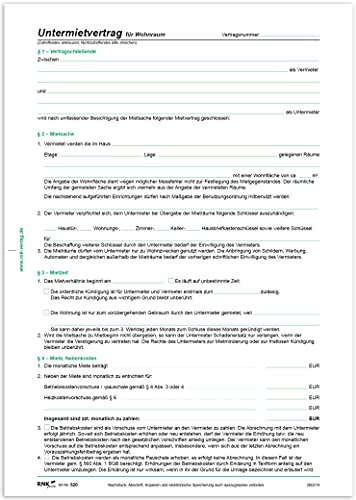 RNKVERLAG 520 - Untermietvertrag für Wohnräume, 4 Seiten, gefalzt auf DIN A4, mit Wohnungsgeberbescheinigung, 50 Stück