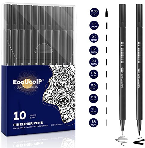 EooUooIP Rotuladores Punta Fina, 10 Rotuladores de Caligrafía Negro, Plumas De Dibujo De Punta Fina (0,05-1 mm y un rotuladores),Fineliner para Bullet Journal,Sketching Dibujo,Caligrafía,Cómics