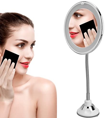 Espejo de Maquillaje con Aumento de 10X con Potente Ventosa, Luz Difusa Brillante con Luz LED Y Cuello de Cisne Ajustable Giratorio de 360 ​​grados, Espejo de Tocador Portátil Inalámbrico para el Hoga