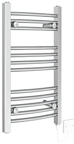 NRG Curved Pre-Filled Electric Heated Towel Rail Radiator Bathroom Manual Warmer Ladder Rad Wall Mounted 700x400mm Chrome 300W