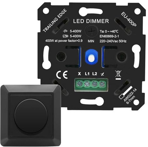 VIPMOON LED Dimmer Schalter, 5-400W Schalter Drehdimmer Unterputz, 220V-240V Drehdimmer Unterputz Dimmschalter für Dimmable LED/Haloge/Incandescent/led lampen Ohne Klemmkrallen,Schwarz