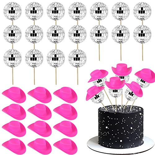 SYKYCTCY 40 Pack Disco Ball Cake Toppers Cowgirl Hat Mini Western Cowgirl Hat Cake Decorations for Bachelorette Birthday Party Supplies Pink