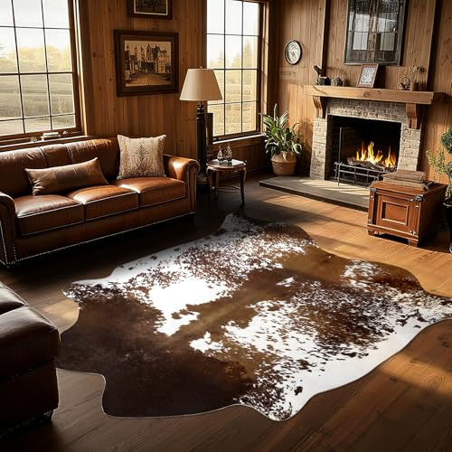 B BENRON Grand tapis occidental en peau de vache synthétique pour salon, chambre à coucher, décoration d'intérieur, tapis antidérapant avec peaux d'animaux irrégulières, marron café, 1,9 x 2,1 m