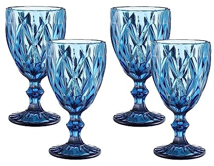 HIUHIU Verres À Vin Vintage Set of 4, 10oz Gobelets À Vin Colorés Verres À Eau Pied avec Motif Gaufré pour Mariage/Partie/Bar,Bleu,Rhombus
