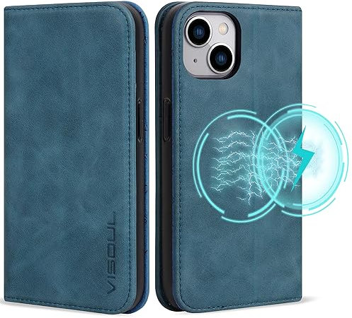 VISOUL Hülle für iPhone 15, Schutzhülle Echt Leder Schützt vor Stoß Kartenfach Magnetverschluss Stand klappbar handyhülle Handytasche Etui Case Blau