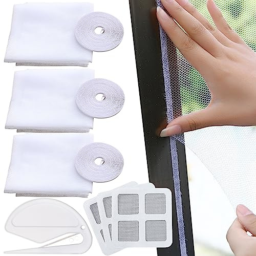 BDSHUNBF 3 Pezzi Zanzariera per Finestra, 130 x 150 cm Rete per Zanzariera, Zanzariere per Finestra Anti Insetti, Rete Antizanzare, con Nastri Autoadesivi, Coltelli, Adesivi di Riparazione(Bianco)