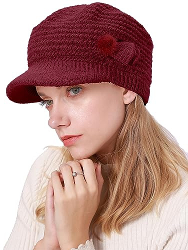 CheChury Strickmütze Damen Barett Winter Fleece Mütze Warme Frauen Grobstrick Wintermützen Mütze mit Shirm Baskenmütze Winter Damen Beaniemütze mit Schirm Wollmütze Damen Schirmmütze