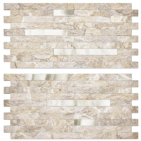 AULIGET 20 Sheets Faux Stone Peel and Stick Backsplash, Sandstone with Metal Gold PVC Wall Tiles Stick on Backsplash for Kitchen