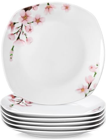 VEWEET 'Annie' Dinner Plates Set of 6, 9.8 Inch Ceramic Plates, Square Plate Set, Porcelain Salad Plates, Microwave and Dishwasher Safe