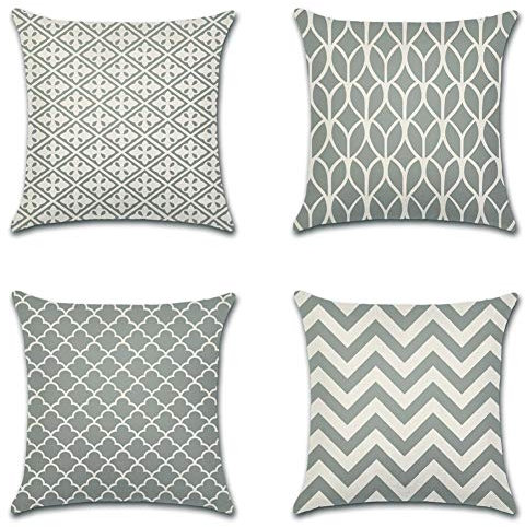 Ohok Lot de 4 housses de coussin décoratives avec motif, en polyester et lin, 45 x 45 cm, modernes, pour canapé, salon, chambre à coucher, gris géométrique