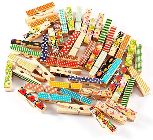 50 Pcs Colored Clothespins Colorful Design Cute Painted Wood Clips Pictures Decoration Clip for Hanging Clothes Clothes Pins Wood Clothespins Mini Craft Pegs (3.5 * 0.7CM)
