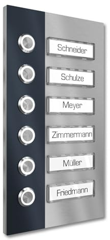 Graviers Design Mehrfamilienhaus Aufputz Klingel 6 Namensschilder austauschbar - V2A Edelstahl Türklingel 140x255 mm - LED Klingeltaster Namensschild Beleuchtung wählbar für Haustür
