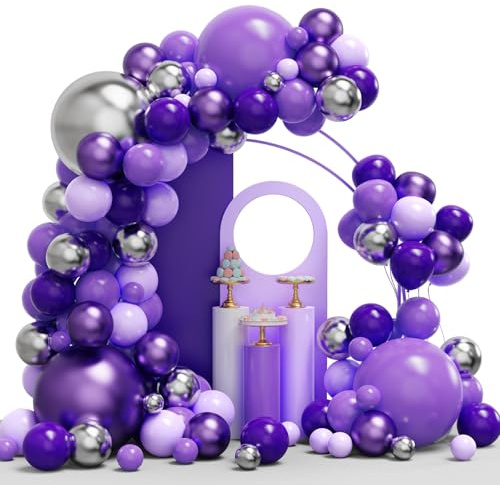 Purple Balloon Garland Arch Kit, 134PCS Purple and Silver Balloons with Different Size for Birthday, Wedding, Baby Shower Decorations