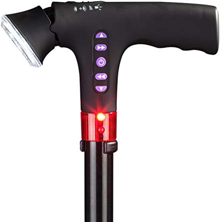 Bastone pieghevole da viaggio, regolabile, bastone da passeggio leggero, manico regolabile ammortizzabile con allarme luce a LED, manico a T, bastone da passeggio per disabili, anziani